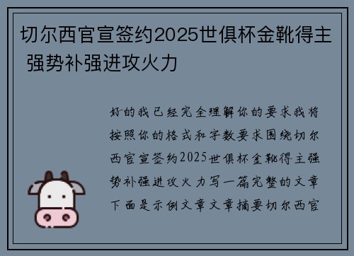 切尔西官宣签约2025世俱杯金靴得主 强势补强进攻火力